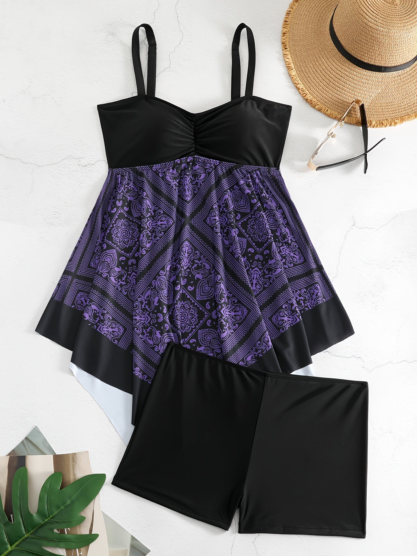 Plus Size Women's Printed Two-Piece Skirt Swimsuit, Sexy Printed Swimwear, Plus Size Style