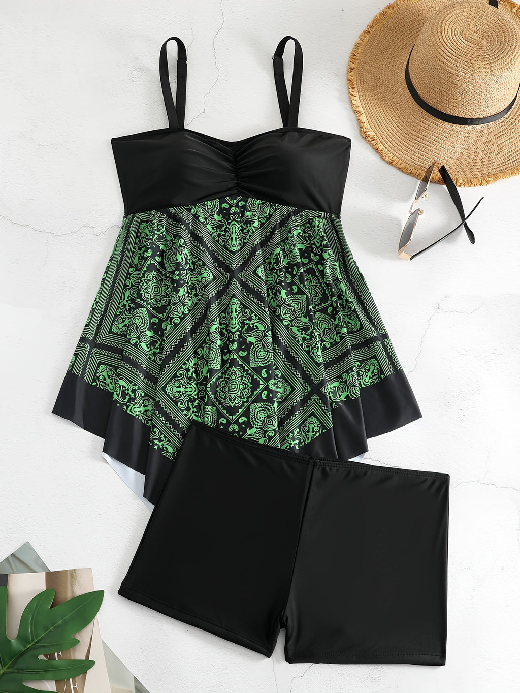Plus Size Women's Printed Two-Piece Skirt Swimsuit, Sexy Printed Swimwear, Plus Size Style