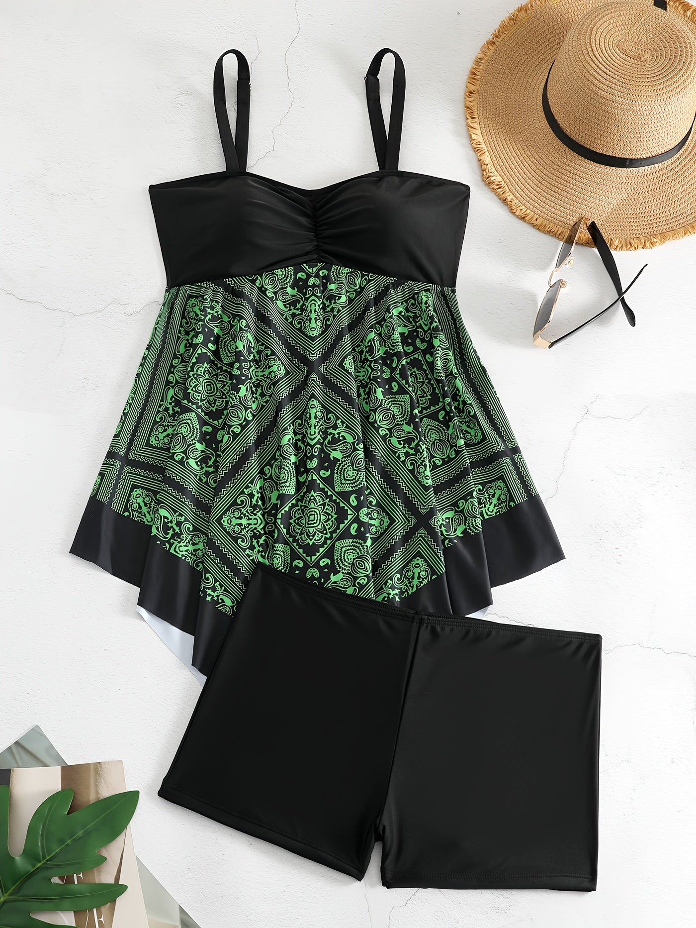 Plus Size Women's Printed Two-Piece Skirt Swimsuit, Sexy Printed Swimwear, Plus Size Style