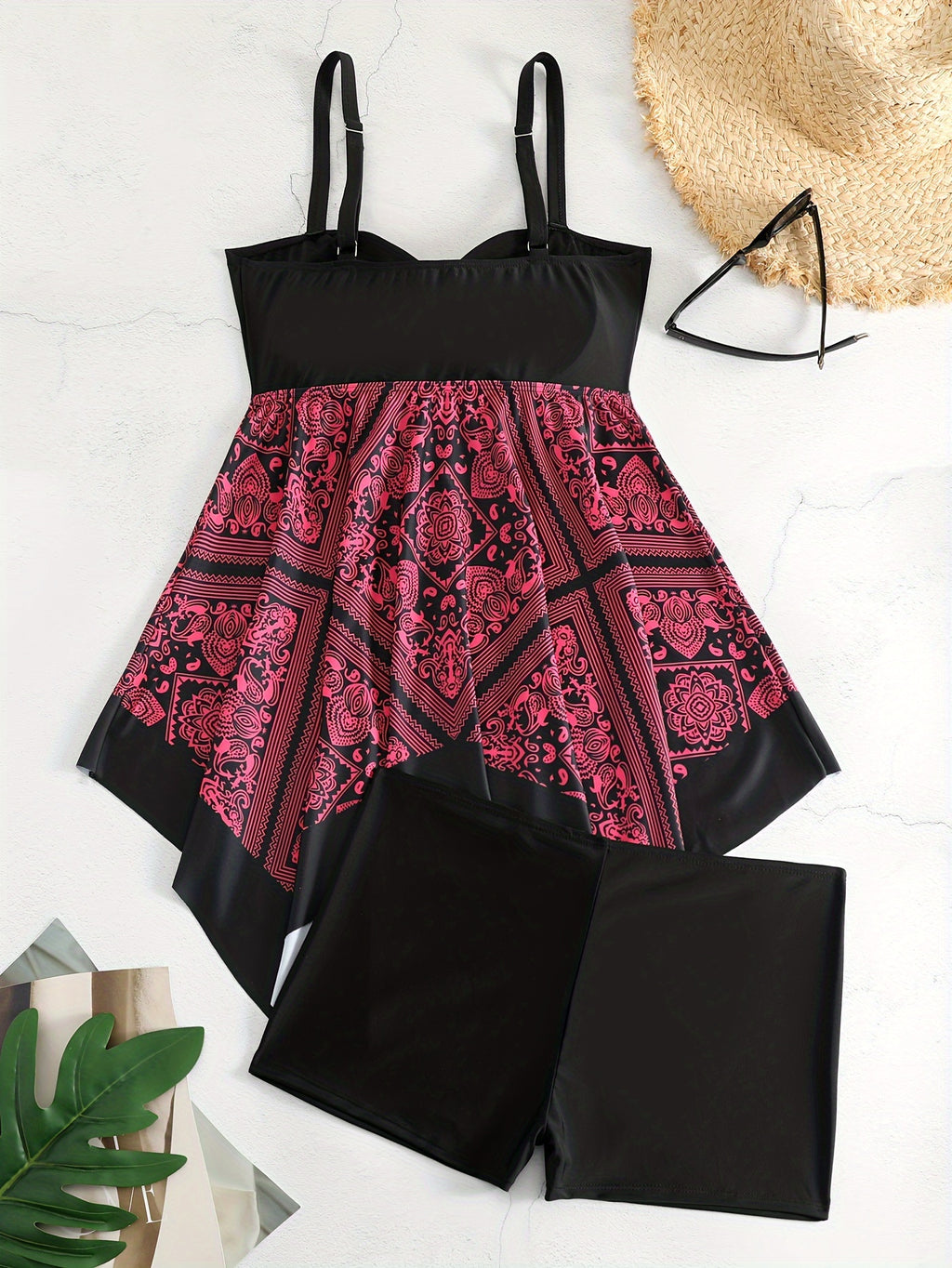 Plus Size Women's Printed Two-Piece Skirt Swimsuit, Sexy Printed Swimwear, Plus Size Style