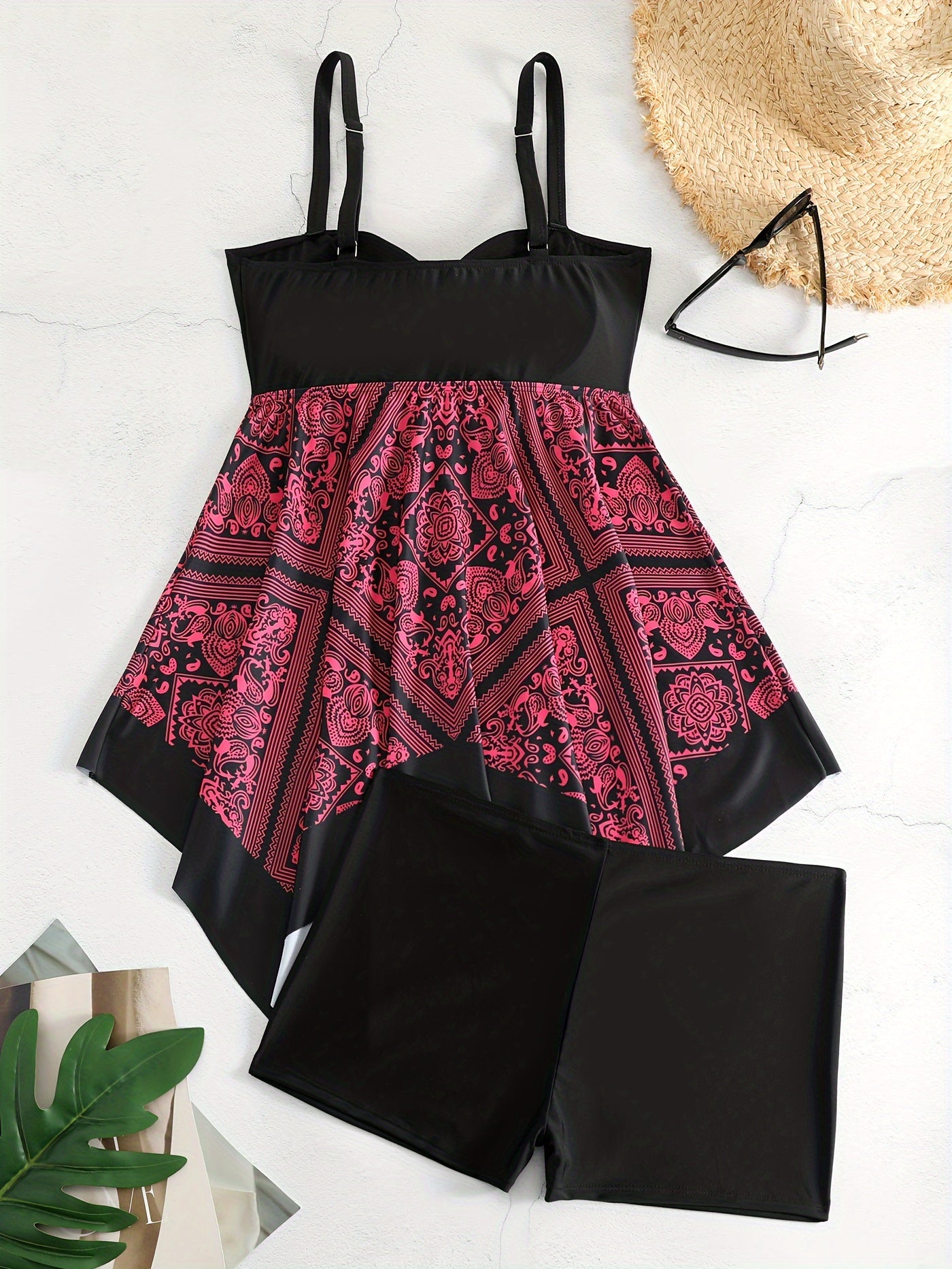 Plus Size Women's Printed Two-Piece Skirt Swimsuit, Sexy Printed Swimwear, Plus Size Style