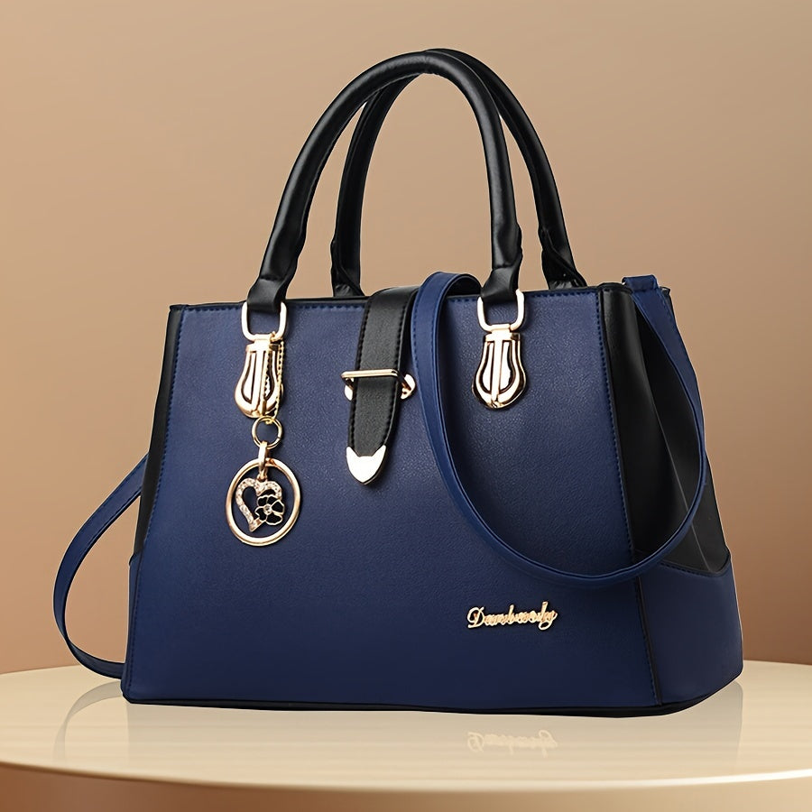 Women's Letter Detail Shoulder Bag, Elegant Double Handle Purse, Simple Large Handbag For Work