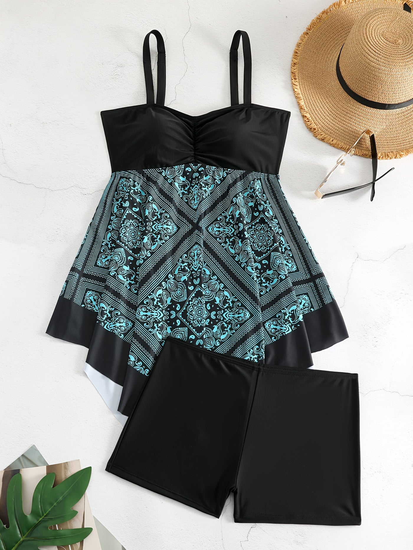 Plus Size Women's Printed Two-Piece Skirt Swimsuit, Sexy Printed Swimwear, Plus Size Style