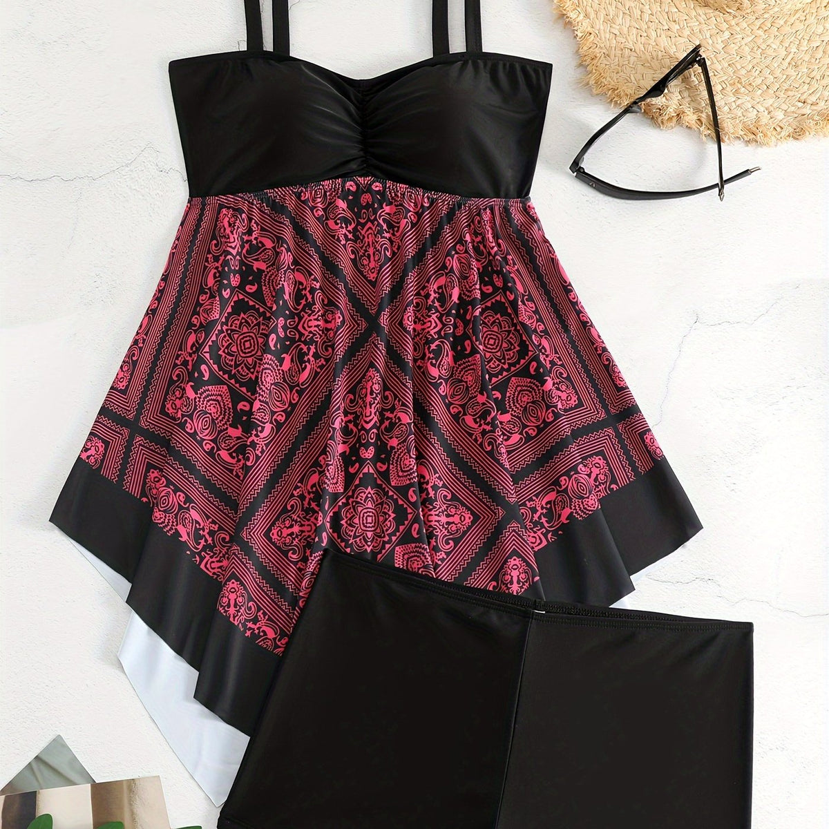 Plus Size Women's Printed Two-Piece Skirt Swimsuit, Sexy Printed Swimwear, Plus Size Style