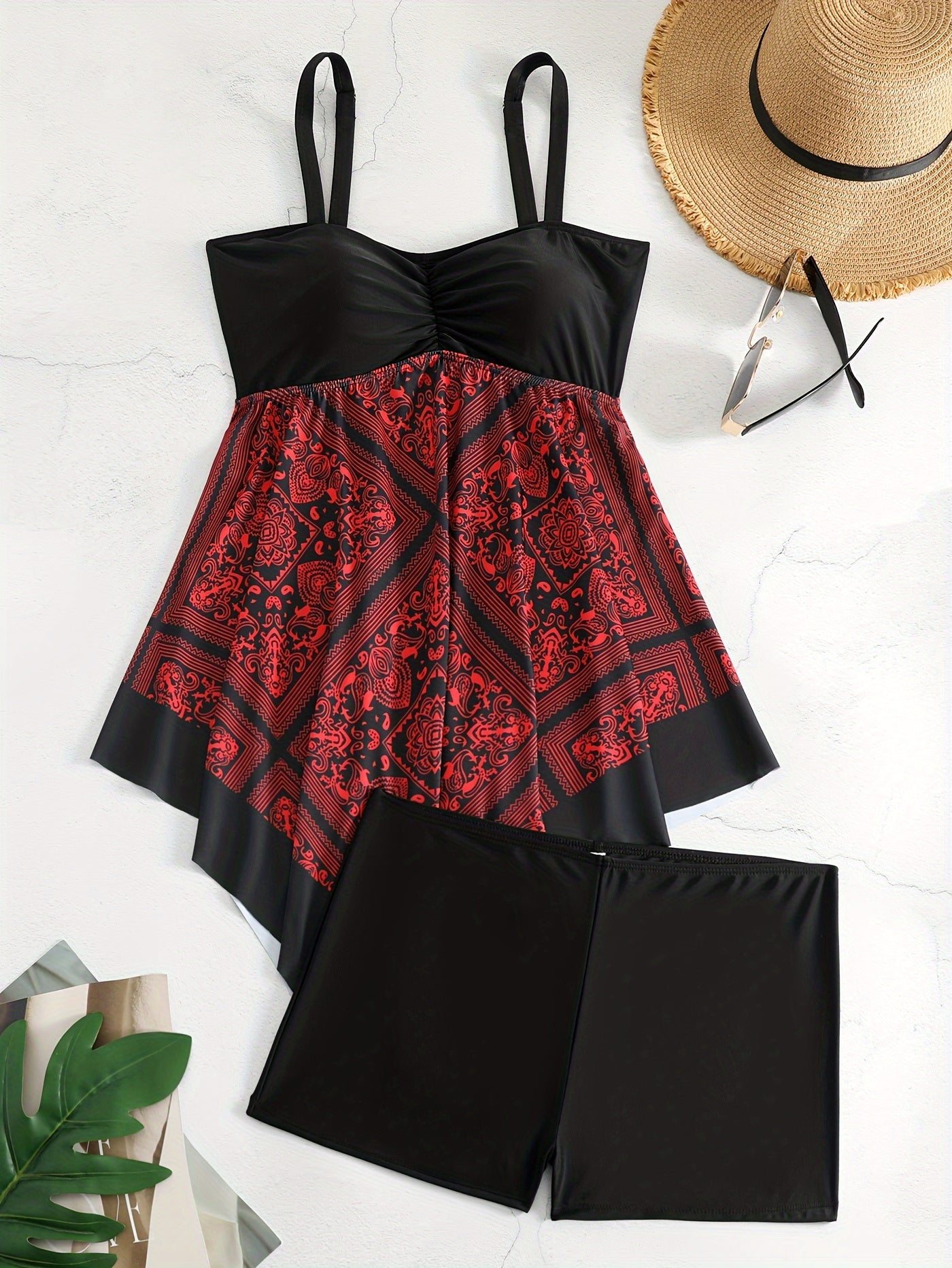 Plus Size Women's Printed Two-Piece Skirt Swimsuit, Sexy Printed Swimwear, Plus Size Style
