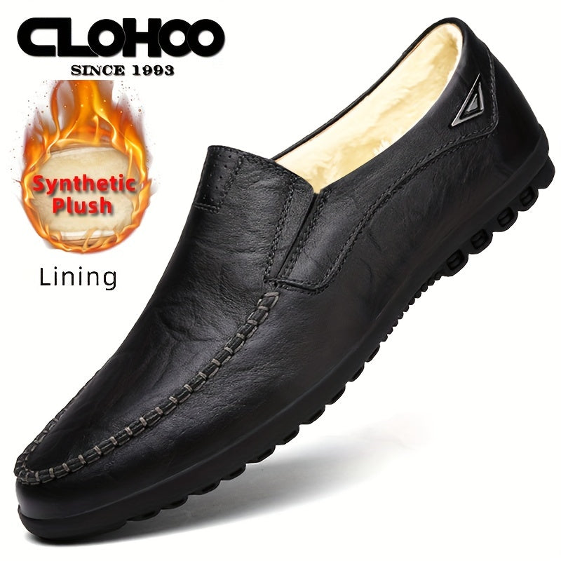CLOHOO Men'S Genuine Faux Leather Slip-On Loafers - Non-Slip Comfortable Casual Shoes with Round Toe, Black, Rubber Sole, and Faux Cover Lining for All Seasons, Comfortable Footwear | Sleek Loafer Design | Durable Footwear