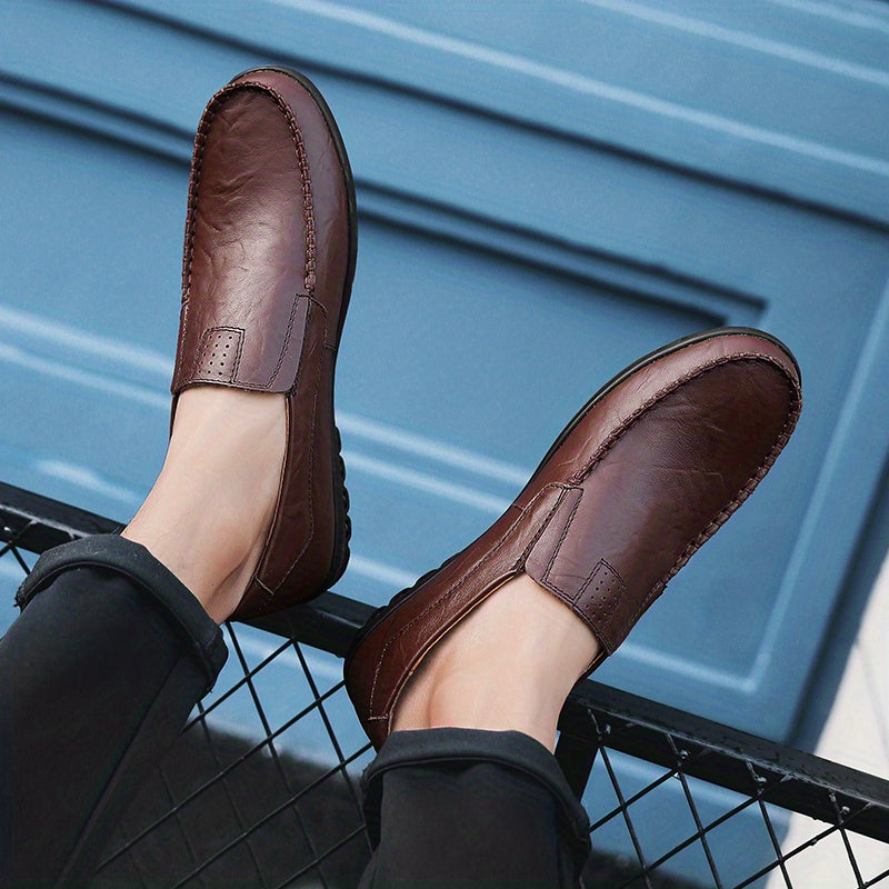 CLOHOO Men'S Genuine Faux Leather Slip-On Loafers - Non-Slip Comfortable Casual Shoes with Round Toe, Black, Rubber Sole, and Faux Cover Lining for All Seasons, Comfortable Footwear | Sleek Loafer Design | Durable Footwear