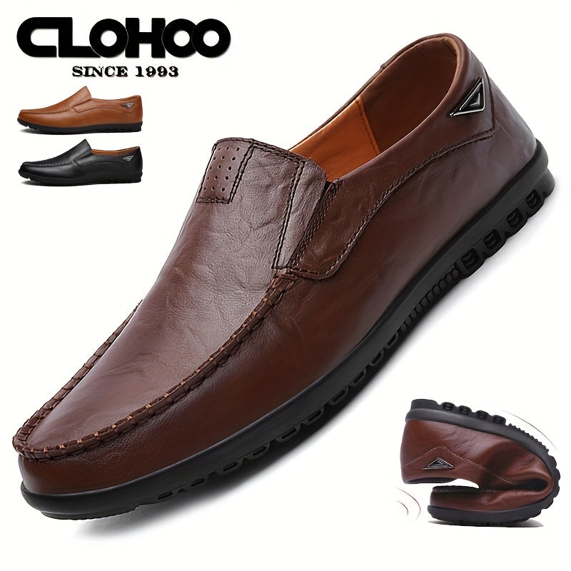CLOHOO Men'S Genuine Faux Leather Slip-On Loafers - Non-Slip Comfortable Casual Shoes with Round Toe, Black, Rubber Sole, and Faux Cover Lining for All Seasons, Comfortable Footwear | Sleek Loafer Design | Durable Footwear