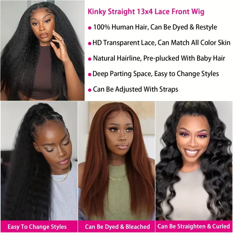 Yaki Straight Human Hair Wig13x4 Lace Closure Wigs Human Hair Kinky Straight  Wigs Human Hair  Lace Closure Human Hair Wigs