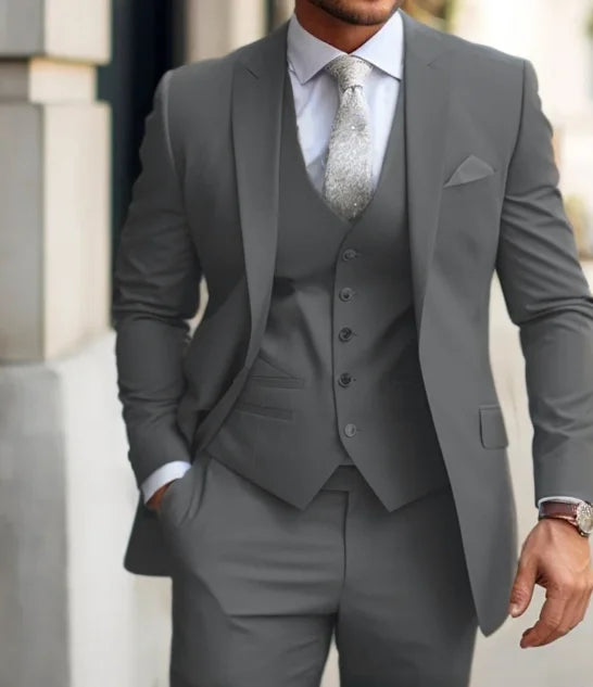 Men's Suits  Grey Costume Homme Slim Fit Formal Wedding Outfits 3 Piece Jacket Pants With Vest Custom Made 2024