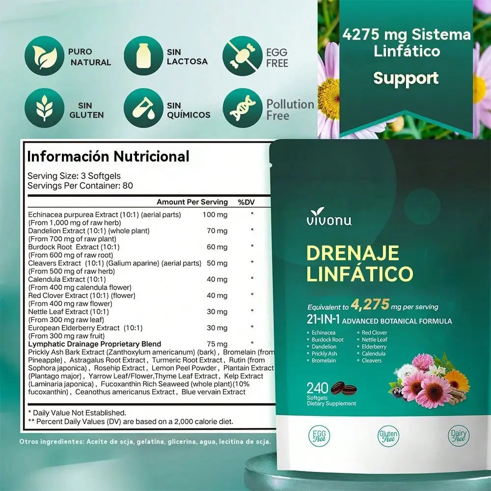 Vivonu Lymphatic Drainage Supplements, 240 Softgels, 4,275 Mg Lymphatic Support Supplements, for Both Men and Women, 21-in-1 Herbal Blend, Including Purple Cone, Turmeric, Etc.