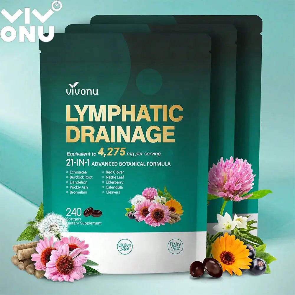 Vivonu Lymphatic Drainage Supplements, 240 Softgels, 4,275 Mg Lymphatic Support Supplements, for Both Men and Women, 21-in-1 Herbal Blend, Including Purple Cone, Turmeric, Etc.