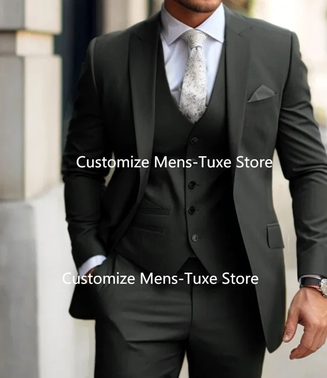 Men's Suits  Grey Costume Homme Slim Fit Formal Wedding Outfits 3 Piece Jacket Pants With Vest Custom Made 2024