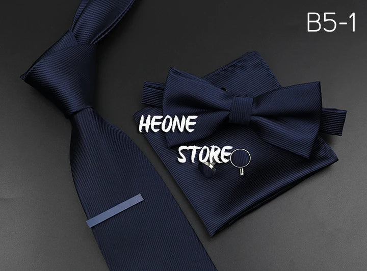 New Men's Tie Bowtie Set Luxury Business Worker Blue Black Solid Color Silk Polyester Jacquard Woven Necktie Suit Wedding Party