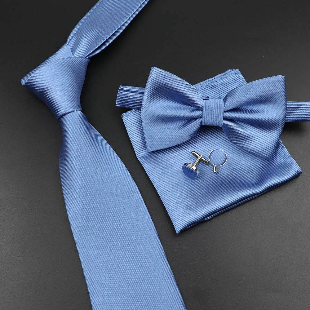 New Men's Tie Bowtie Set Luxury Business Worker Blue Black Solid Color Silk Polyester Jacquard Woven Necktie Suit Wedding Party
