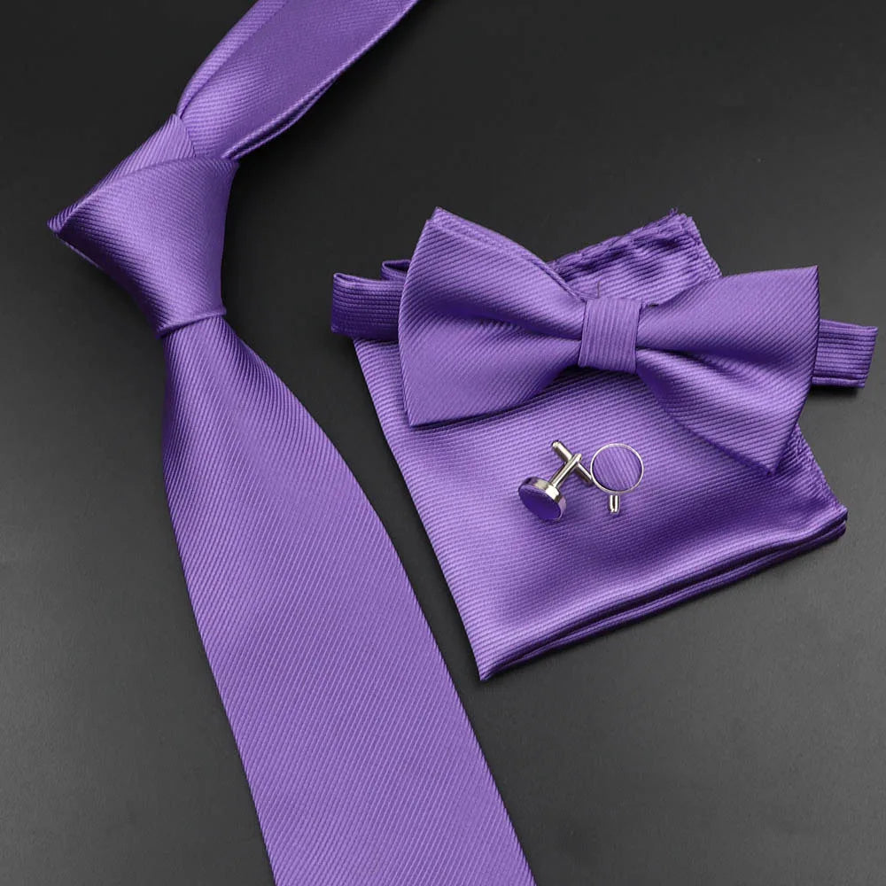 New Men's Tie Bowtie Set Luxury Business Worker Blue Black Solid Color Silk Polyester Jacquard Woven Necktie Suit Wedding Party