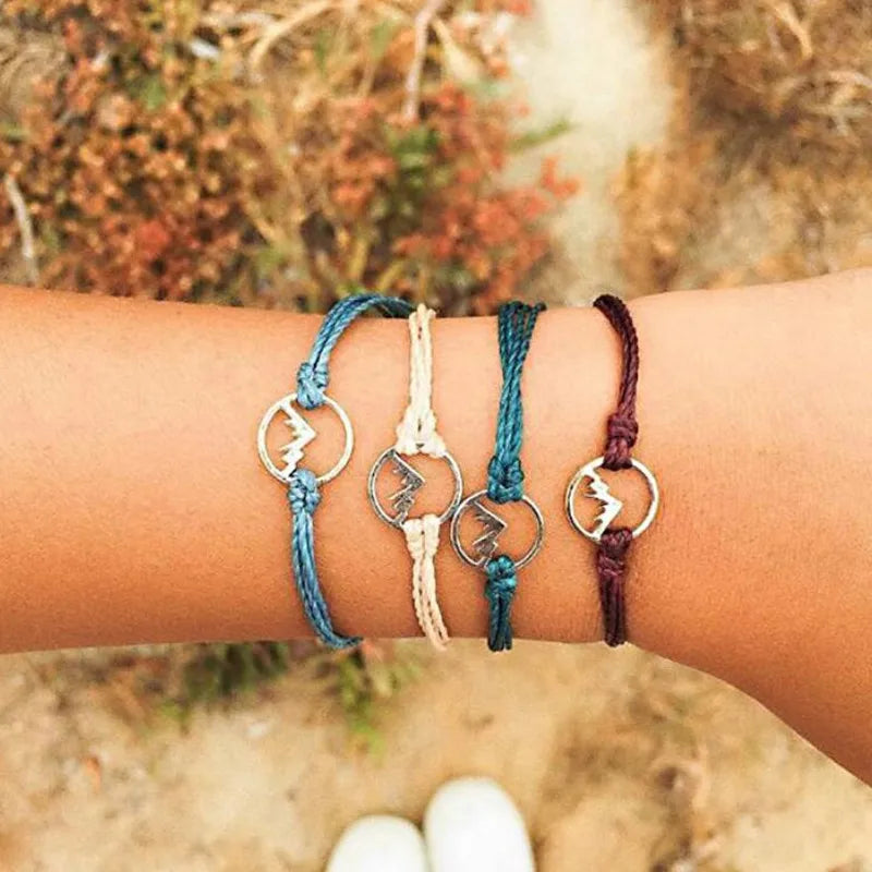 4PCs/Set Bohemian Style Geometric Cord Rope Colorful Hollow Tree Mountain Charm Circle Bracelet Unisex Party Jewelry