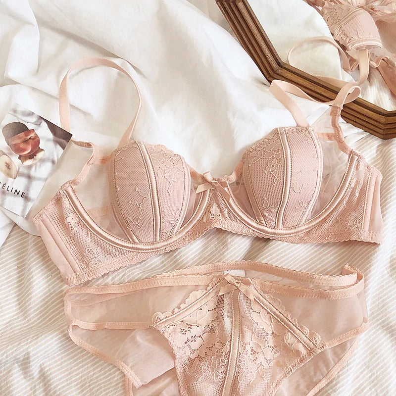 Big Size BCD Cup Translucent Sexy Cotton Thin Half Cup Lingerie Bra And Panty Sets Push Up Adjustable Summer Women Underwear