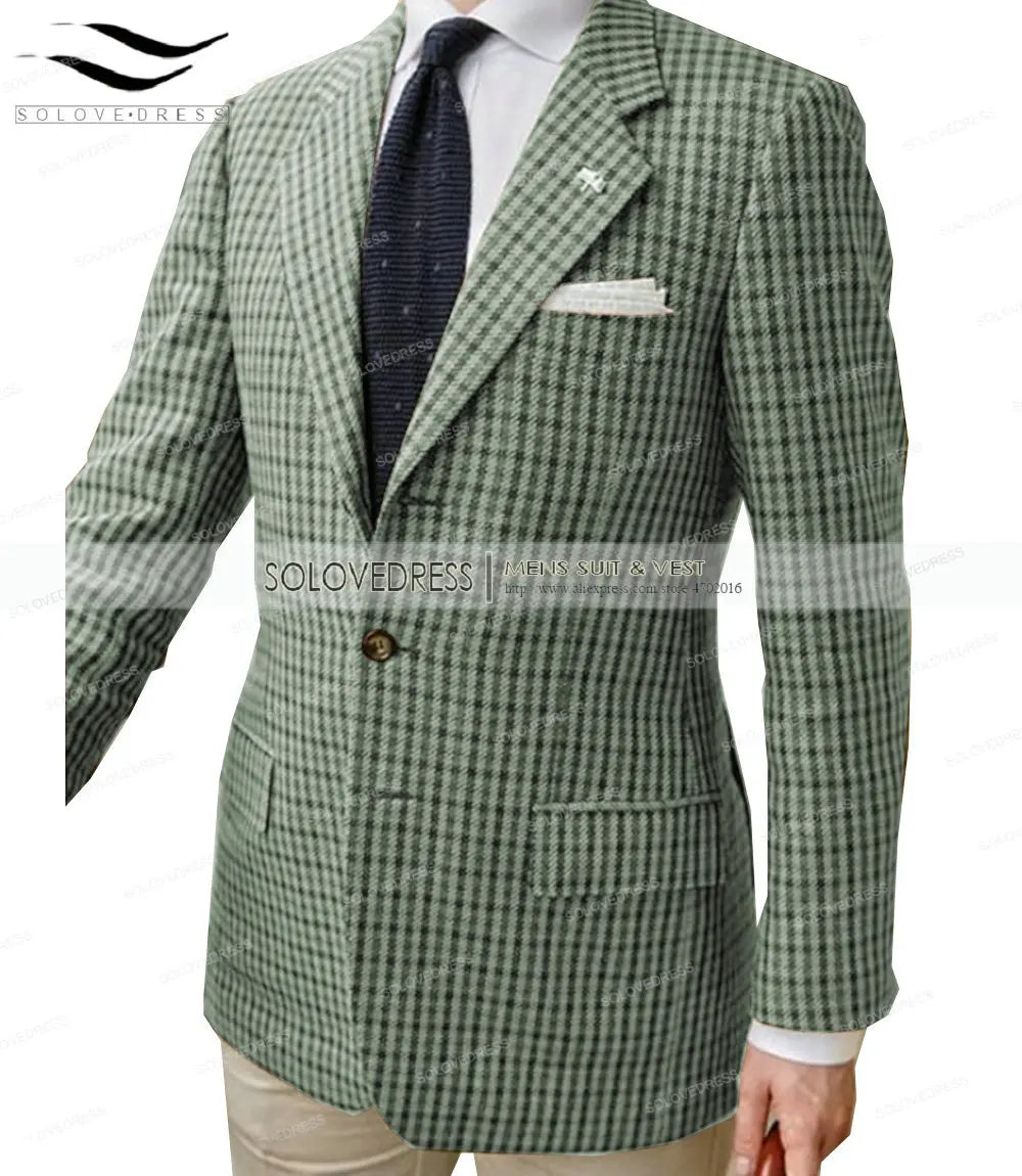 Formal Men's Suits Regular Fit Plaid Wool Tweed Prom Army Green Tuxedos Solid Business Brown Suits for Wedding Grooms Best Man