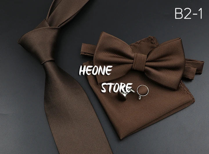New Men's Tie Bowtie Set Luxury Business Worker Blue Black Solid Color Silk Polyester Jacquard Woven Necktie Suit Wedding Party