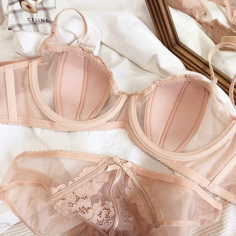 Big Size BCD Cup Translucent Sexy Cotton Thin Half Cup Lingerie Bra And Panty Sets Push Up Adjustable Summer Women Underwear
