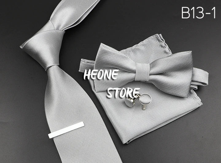 New Men's Tie Bowtie Set Luxury Business Worker Blue Black Solid Color Silk Polyester Jacquard Woven Necktie Suit Wedding Party