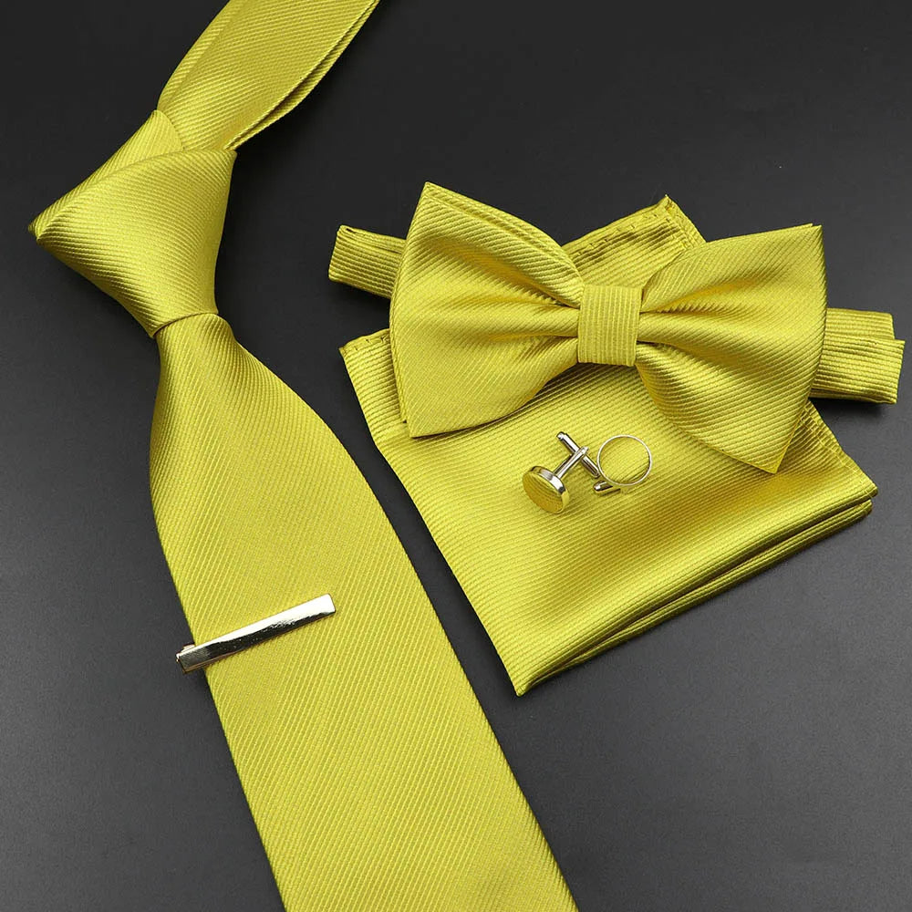 New Men's Tie Bowtie Set Luxury Business Worker Blue Black Solid Color Silk Polyester Jacquard Woven Necktie Suit Wedding Party