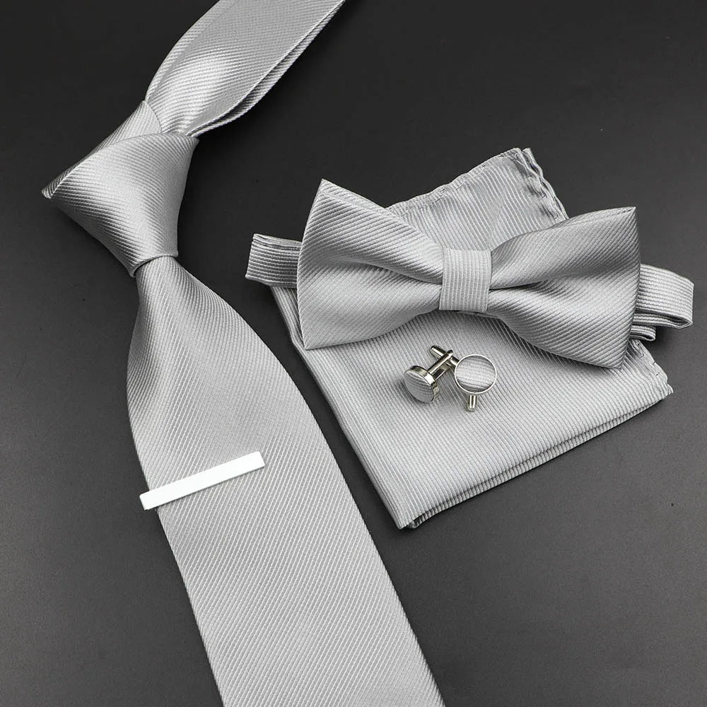 New Men's Tie Bowtie Set Luxury Business Worker Blue Black Solid Color Silk Polyester Jacquard Woven Necktie Suit Wedding Party