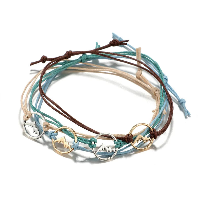 4PCs/Set Bohemian Style Geometric Cord Rope Colorful Hollow Tree Mountain Charm Circle Bracelet Unisex Party Jewelry