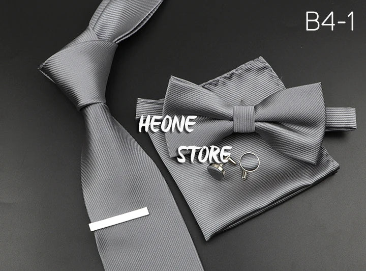 New Men's Tie Bowtie Set Luxury Business Worker Blue Black Solid Color Silk Polyester Jacquard Woven Necktie Suit Wedding Party