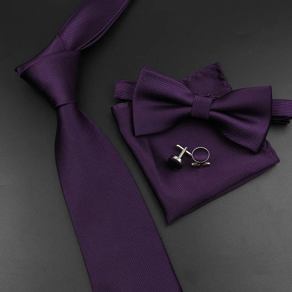 New Men's Tie Bowtie Set Luxury Business Worker Blue Black Solid Color Silk Polyester Jacquard Woven Necktie Suit Wedding Party
