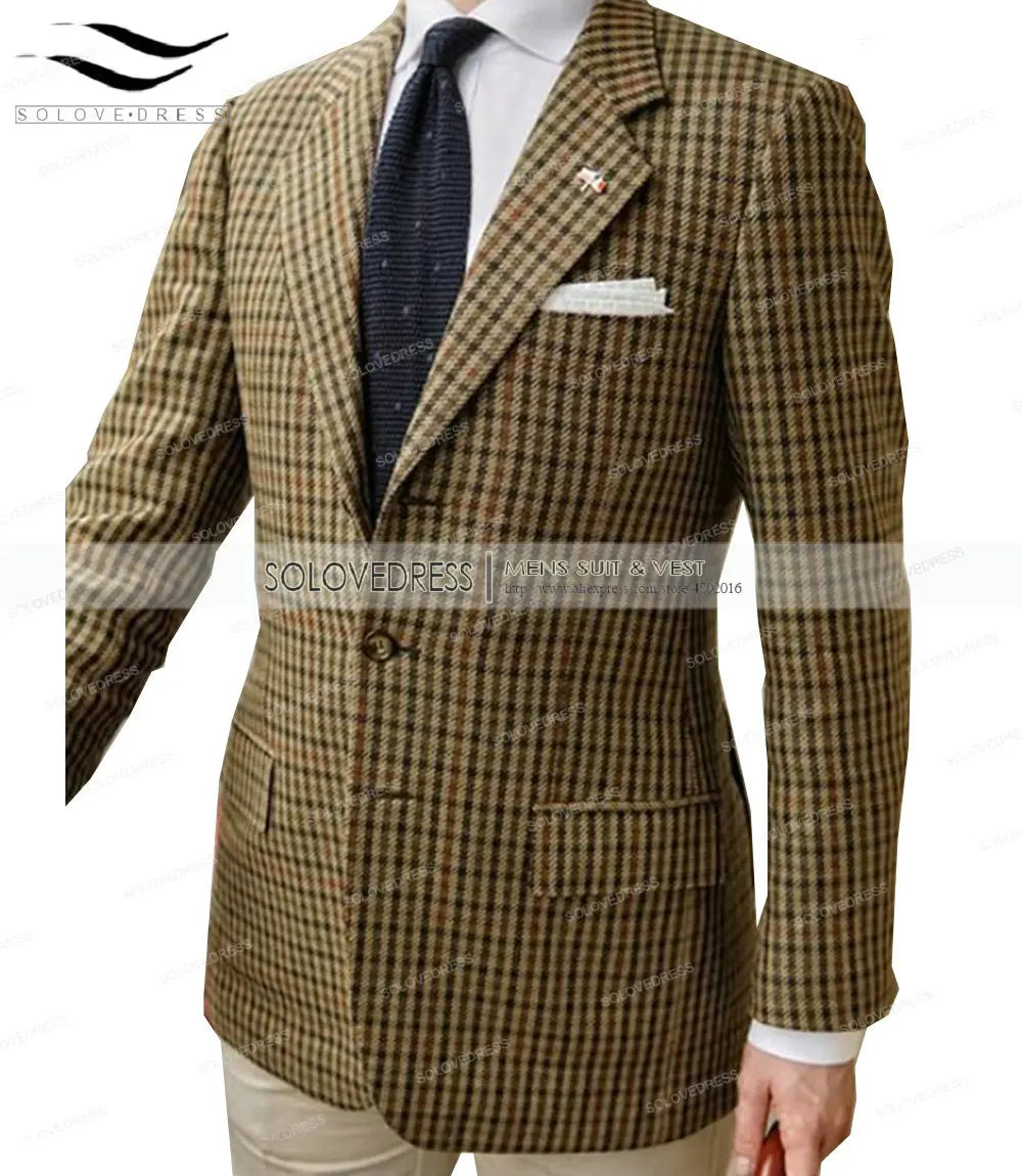 Formal Men's Suits Regular Fit Plaid Wool Tweed Prom Army Green Tuxedos Solid Business Brown Suits for Wedding Grooms Best Man