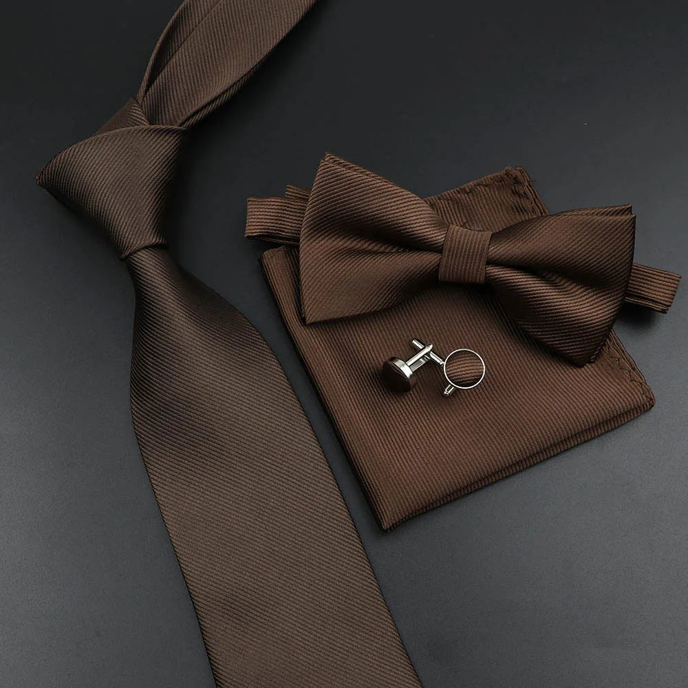 New Men's Tie Bowtie Set Luxury Business Worker Blue Black Solid Color Silk Polyester Jacquard Woven Necktie Suit Wedding Party