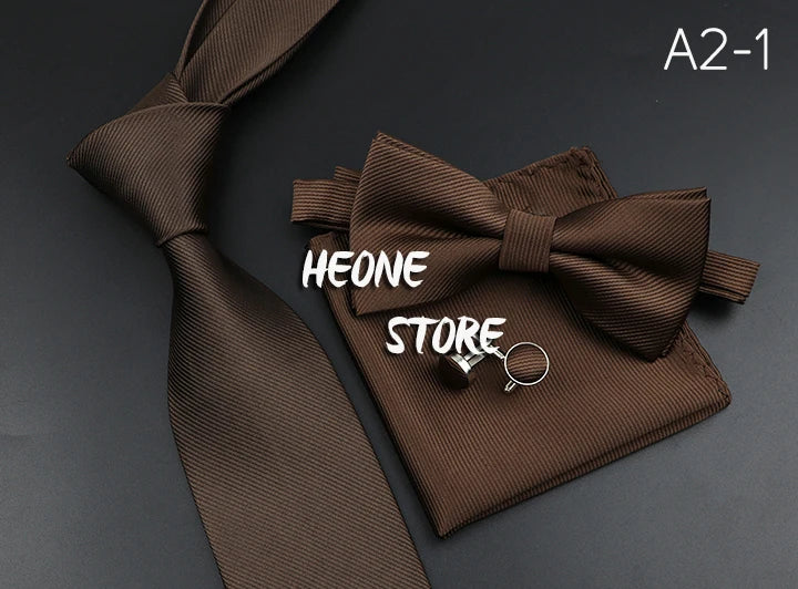 New Men's Tie Bowtie Set Luxury Business Worker Blue Black Solid Color Silk Polyester Jacquard Woven Necktie Suit Wedding Party
