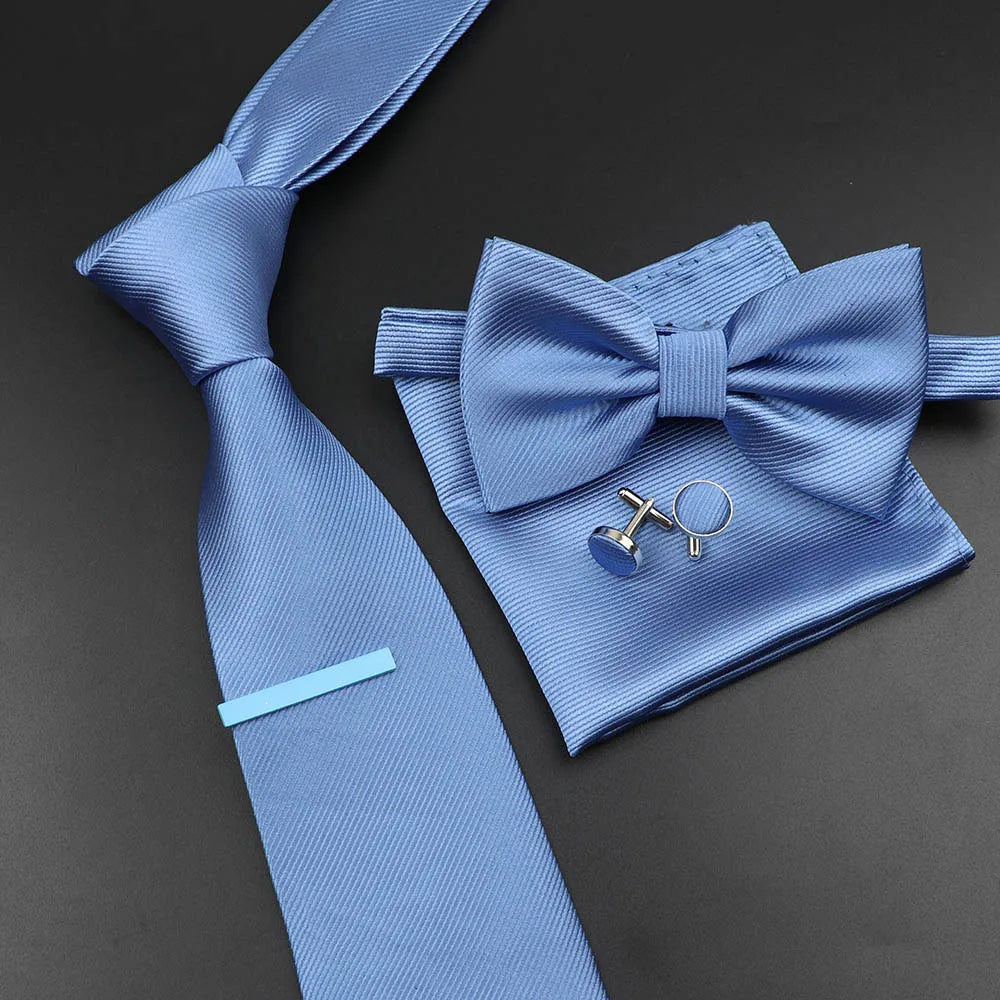 New Men's Tie Bowtie Set Luxury Business Worker Blue Black Solid Color Silk Polyester Jacquard Woven Necktie Suit Wedding Party