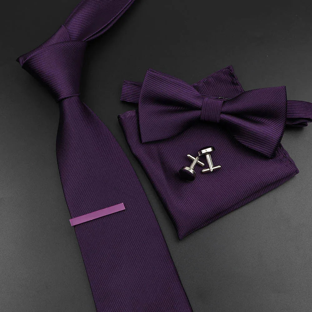 New Men's Tie Bowtie Set Luxury Business Worker Blue Black Solid Color Silk Polyester Jacquard Woven Necktie Suit Wedding Party