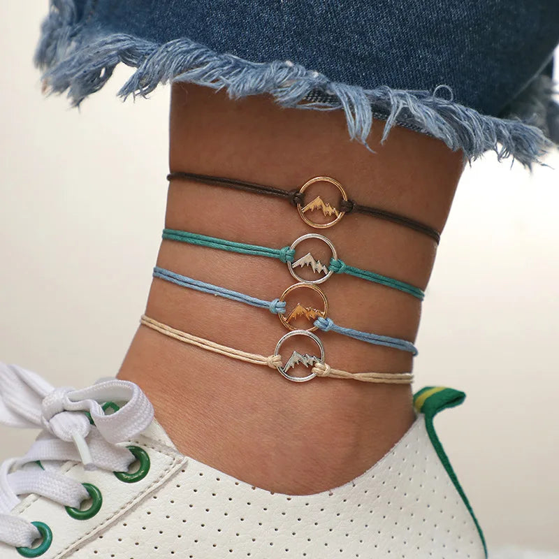 4PCs/Set Bohemian Style Geometric Cord Rope Colorful Hollow Tree Mountain Charm Circle Bracelet Unisex Party Jewelry