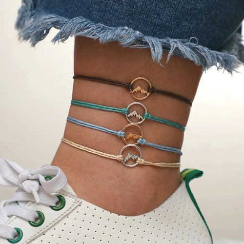 4PCs/Set Bohemian Style Geometric Cord Rope Colorful Hollow Tree Mountain Charm Circle Bracelet Unisex Party Jewelry
