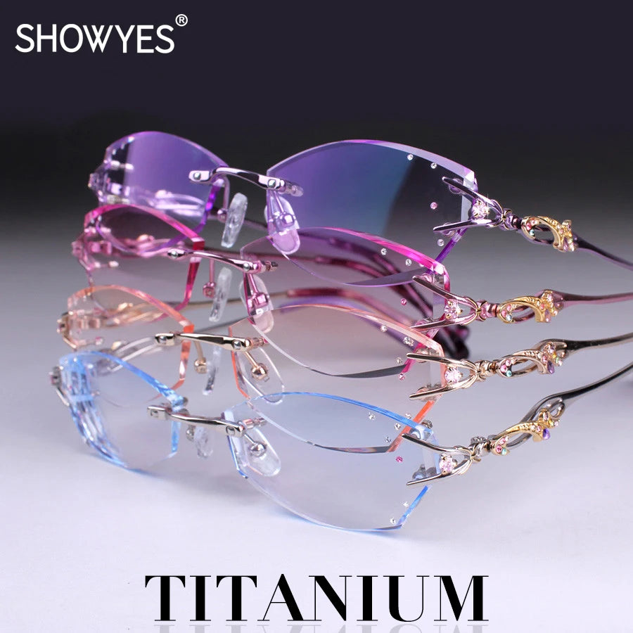 Luxury Rimless Reading Glasses Titanium Women Readers Eyeglasses Diopter Frameless Diamond Cutting Ti Presbyopic Hyperopia