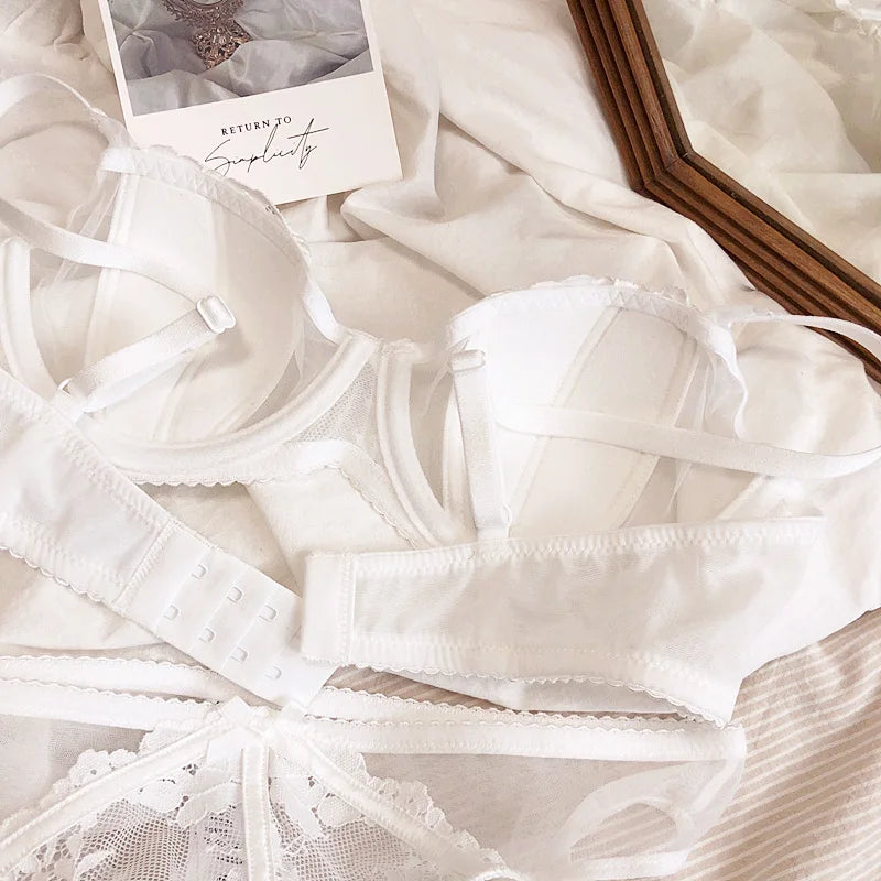 Big Size BCD Cup Translucent Sexy Cotton Thin Half Cup Lingerie Bra And Panty Sets Push Up Adjustable Summer Women Underwear