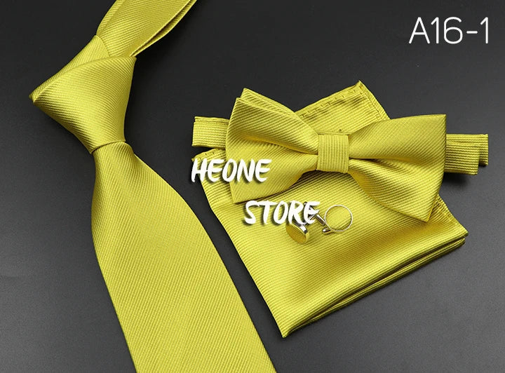 New Men's Tie Bowtie Set Luxury Business Worker Blue Black Solid Color Silk Polyester Jacquard Woven Necktie Suit Wedding Party