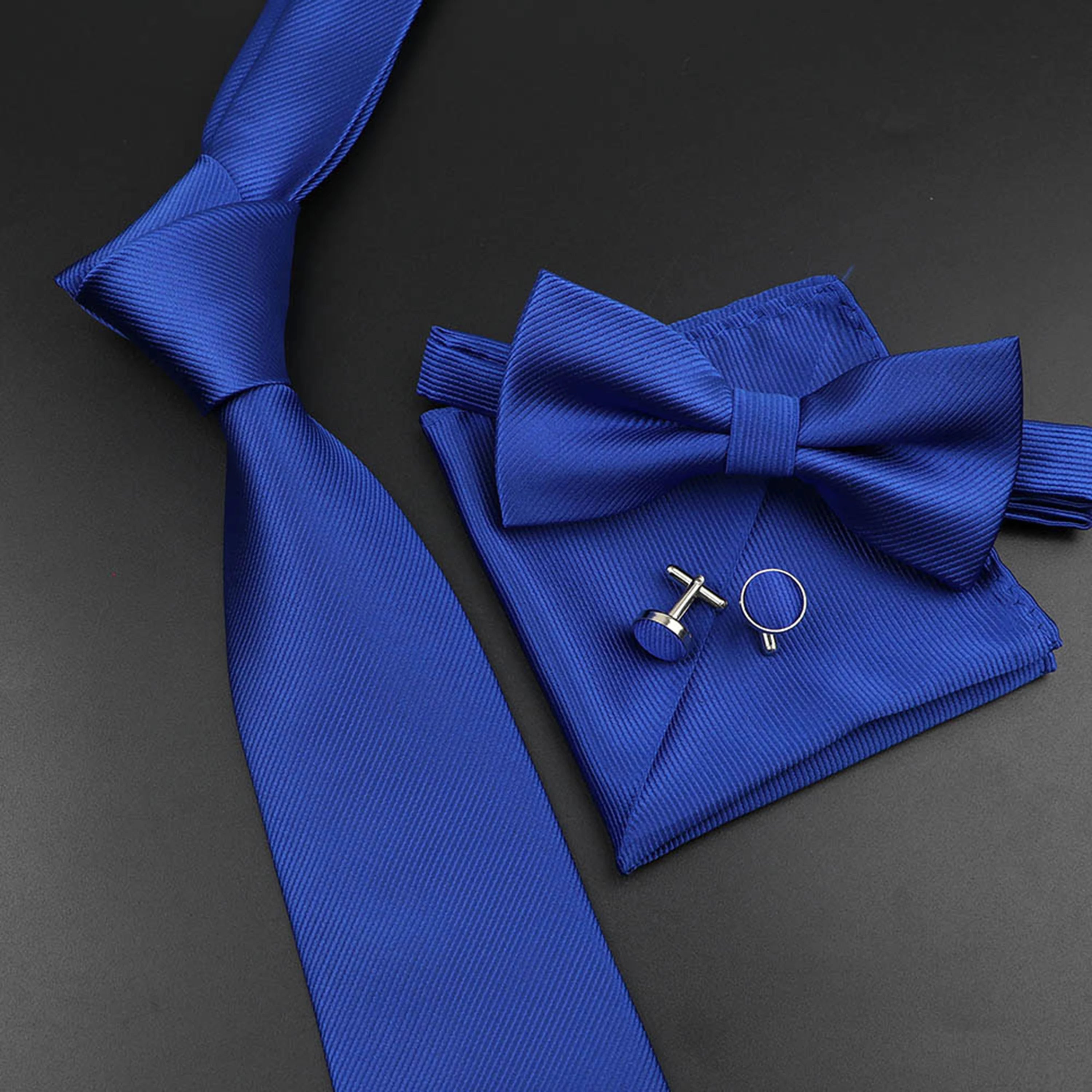 New Men's Tie Bowtie Set Luxury Business Worker Blue Black Solid Color Silk Polyester Jacquard Woven Necktie Suit Wedding Party