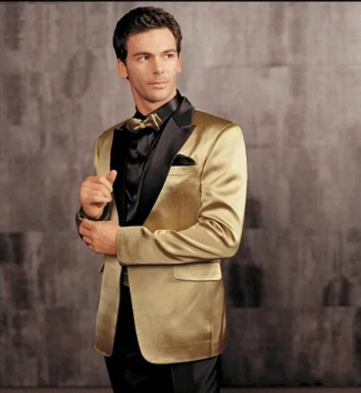 One Button Men Suits Silver and Black Groom Tuxedos Peak Satin Lapel Groomsmen Wedding Best Man ( Jacket+Pants+Bow Tie ) C686