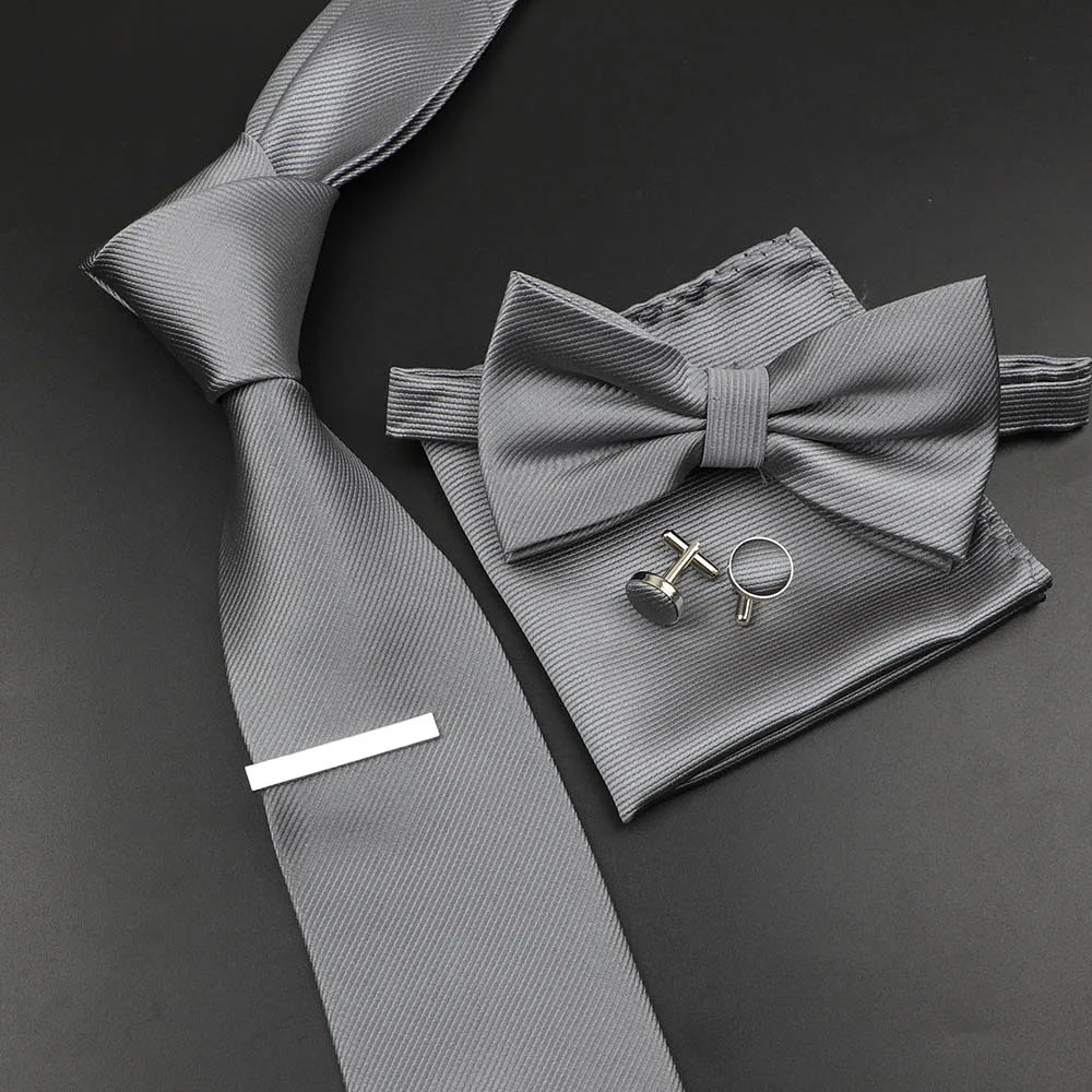 New Men's Tie Bowtie Set Luxury Business Worker Blue Black Solid Color Silk Polyester Jacquard Woven Necktie Suit Wedding Party