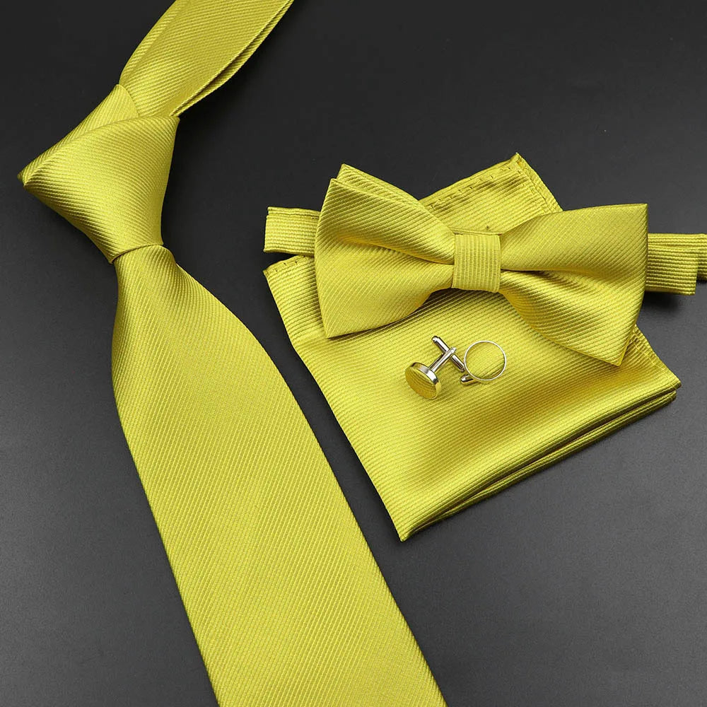 New Men's Tie Bowtie Set Luxury Business Worker Blue Black Solid Color Silk Polyester Jacquard Woven Necktie Suit Wedding Party