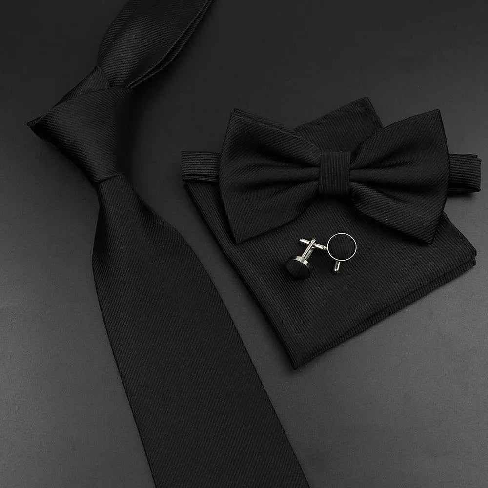 New Men's Tie Bowtie Set Luxury Business Worker Blue Black Solid Color Silk Polyester Jacquard Woven Necktie Suit Wedding Party