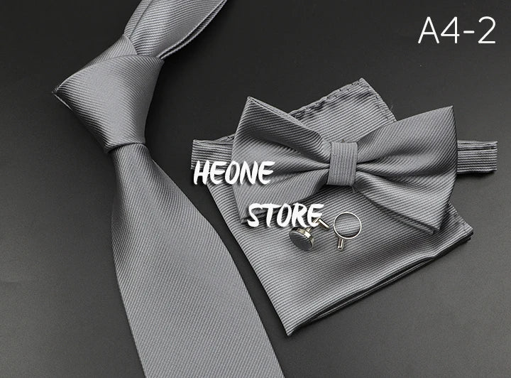 New Men's Tie Bowtie Set Luxury Business Worker Blue Black Solid Color Silk Polyester Jacquard Woven Necktie Suit Wedding Party