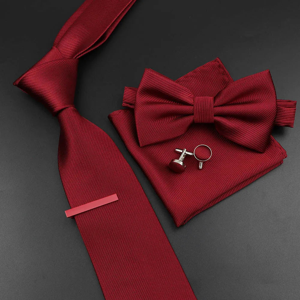 New Men's Tie Bowtie Set Luxury Business Worker Blue Black Solid Color Silk Polyester Jacquard Woven Necktie Suit Wedding Party