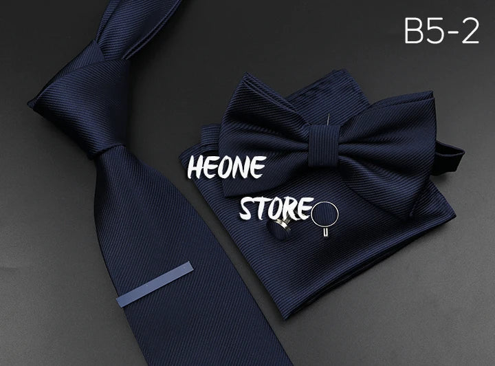 New Men's Tie Bowtie Set Luxury Business Worker Blue Black Solid Color Silk Polyester Jacquard Woven Necktie Suit Wedding Party
