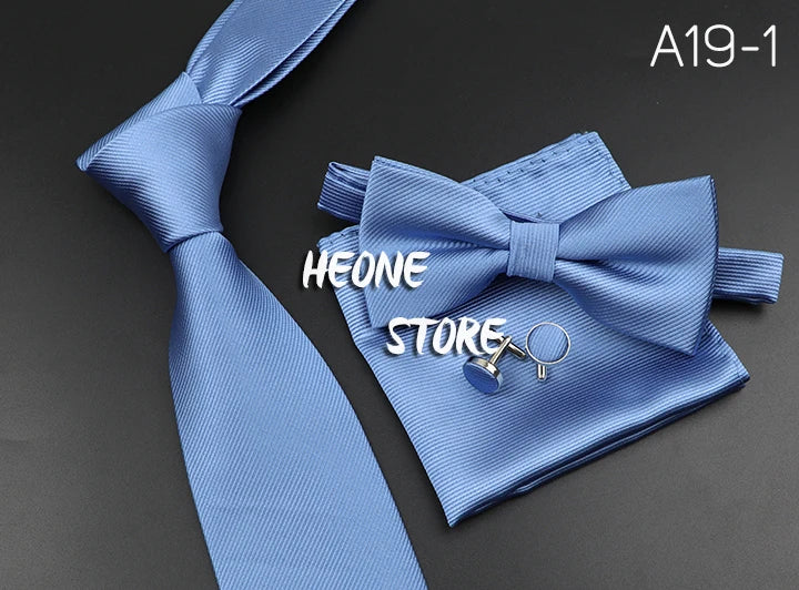 New Men's Tie Bowtie Set Luxury Business Worker Blue Black Solid Color Silk Polyester Jacquard Woven Necktie Suit Wedding Party